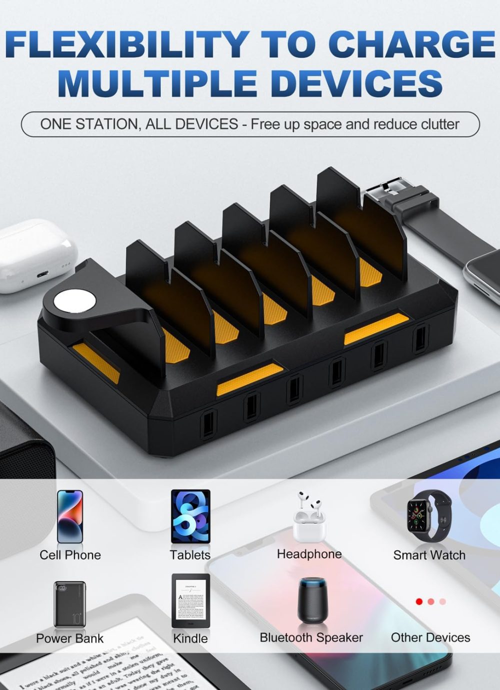 Charging Station for Multiple Devices, Honcila 6 in 1 Multi Charger Station Charging Dock for Cellphone Tablet iPhone iPad and More - 50W Charging Station Organizer with 6 Mixed Charging Cables - Image 4