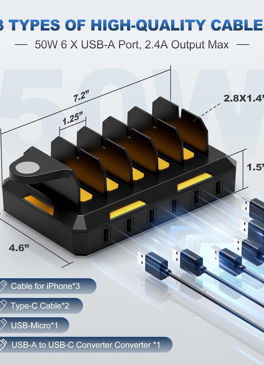 Charging Station for Multiple Devices, Honcila 6 in 1 Multi Charger Station Charging Dock for Cellphone Tablet iPhone iPad and More - 50W Charging Station Organizer with 6 Mixed Charging Cables - Image 7