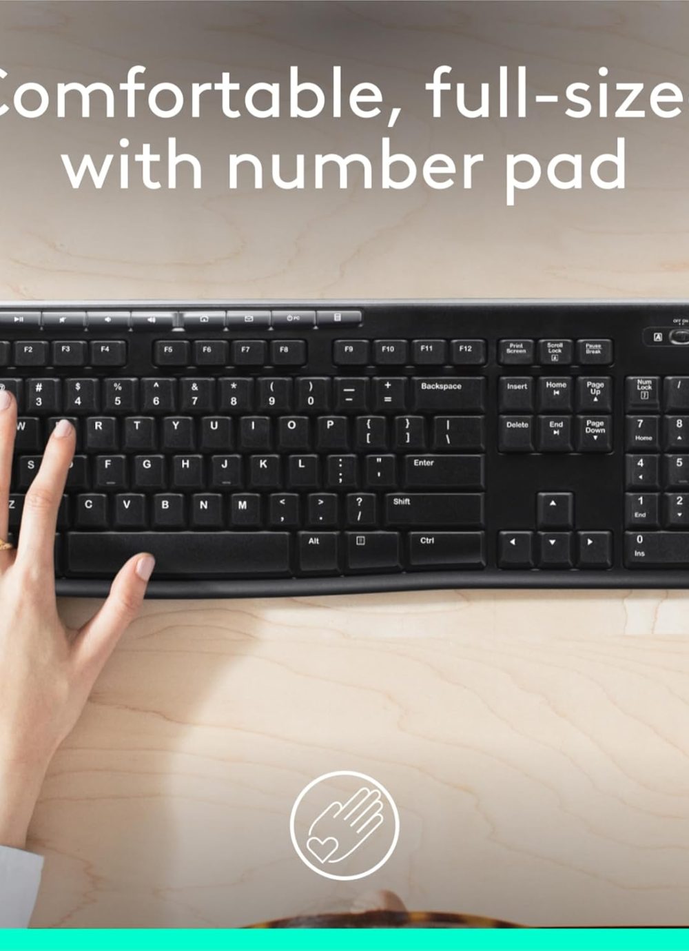 Wireless Keyboard for Windows, 2.4 GHz Wireless, Full-Size, Number Pad, 8 Multimedia Keys, 2-Year Battery Life, Compatible with PC, Laptop, Black - Image 2
