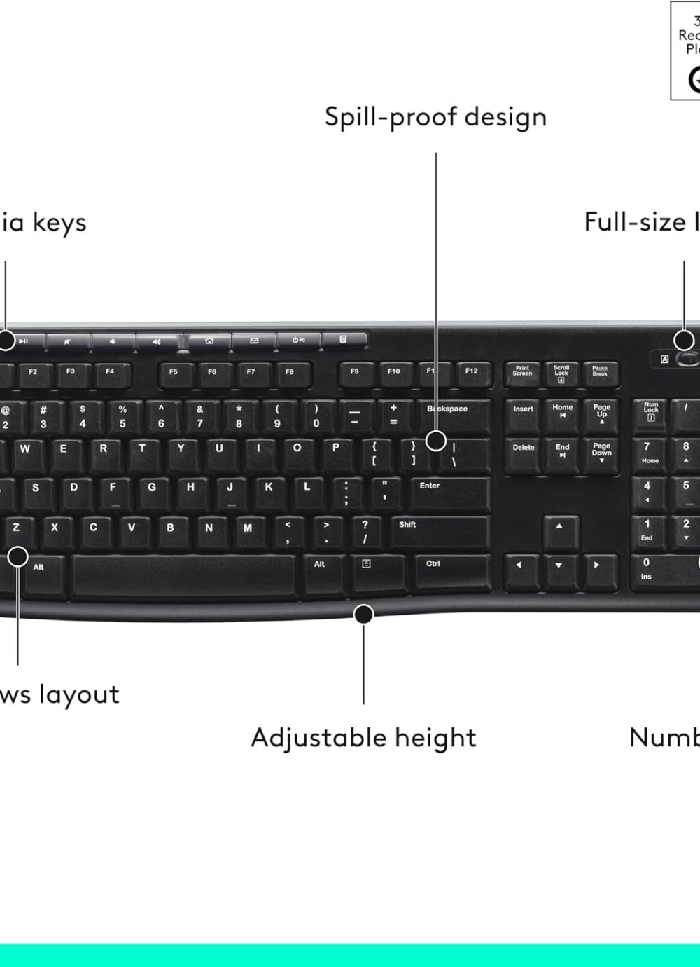 Wireless Keyboard for Windows, 2.4 GHz Wireless, Full-Size, Number Pad, 8 Multimedia Keys, 2-Year Battery Life, Compatible with PC, Laptop, Black - Image 7